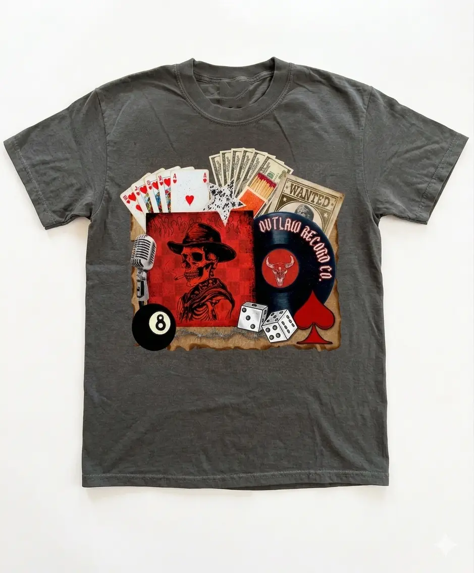 The Outlaw Skeleton Records Collage Tshirt, Gamble Cards Ball and Dice Shirt, Graphic Tees, Cowgirl Fashion Top Gift For Her
