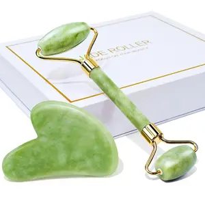 Gua Sha & Jade Roller Facial Tools Face Roller and Gua Sha Set for Skin Care Routine and Puffiness, Self Care Gift for Men Women - Green