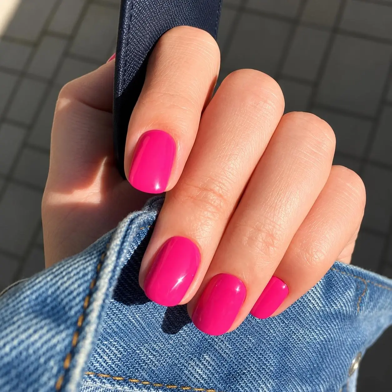 Hot Pink Solid Color Press On Nails 24 pcs Short Squoval, Glossy Bright Pink Round Square Oval Fake Nails with Adhesive Tabs & Nail File, Cute Bold Full Cover Stick On Nails, Simple Everyday Barbie Pink Manicure Kit
