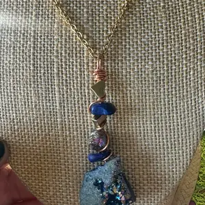 Love is in the Rainbows Druzy, lapis lazuli & angel aura quartz nugget Necklace 14k gold stainless steel chain