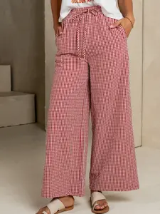 Women's Plaid Wide Leg Pants, Casual Loose Straight Fit, Drawstring Waist, Pockets, Home Sleepwear, Spring & Fall Fashion