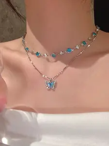 1/2pc Blue Crystal Butterfly Necklace, Butterfly Pendant Necklace, Statement Necklace, for Women Girls Shiny Zircon Bilayer Choker Clavicle Chain, Stackable Clavicle Chain, Jewelry Gift, Party Jewelry, Ideal Gift for Anniversaries, Valentine's