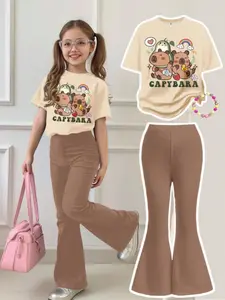 Cute Water Buffalo Pattern Two-Piece Set, Melo Color Scheme, Casual Cartoon Round Neck Short Sleeve Top and Bell Pants, Summer Wear