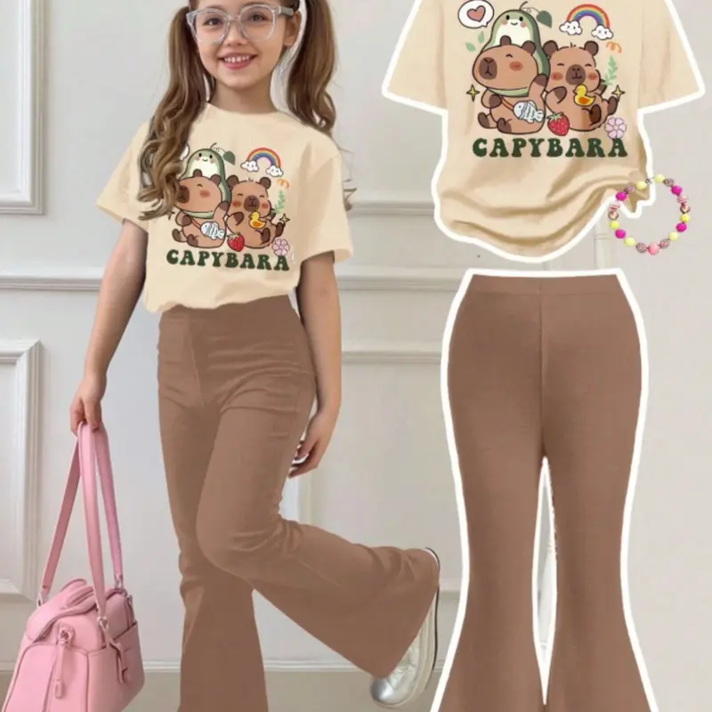 Cute Capybara Pattern Two-Piece Summer Outfit, Casual Cartoon Round Neck Short Sleeve Top and Bell Bottom Pants Matching Set