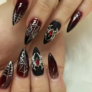24pcs Halloween Almond Shaped Press-On Nails, Glossy Black Red Gradient, with Silvery Spider Web and Metal Spider Accents, Medium Length, for Women and Girls, Holiday Theme Artificial Nail Set