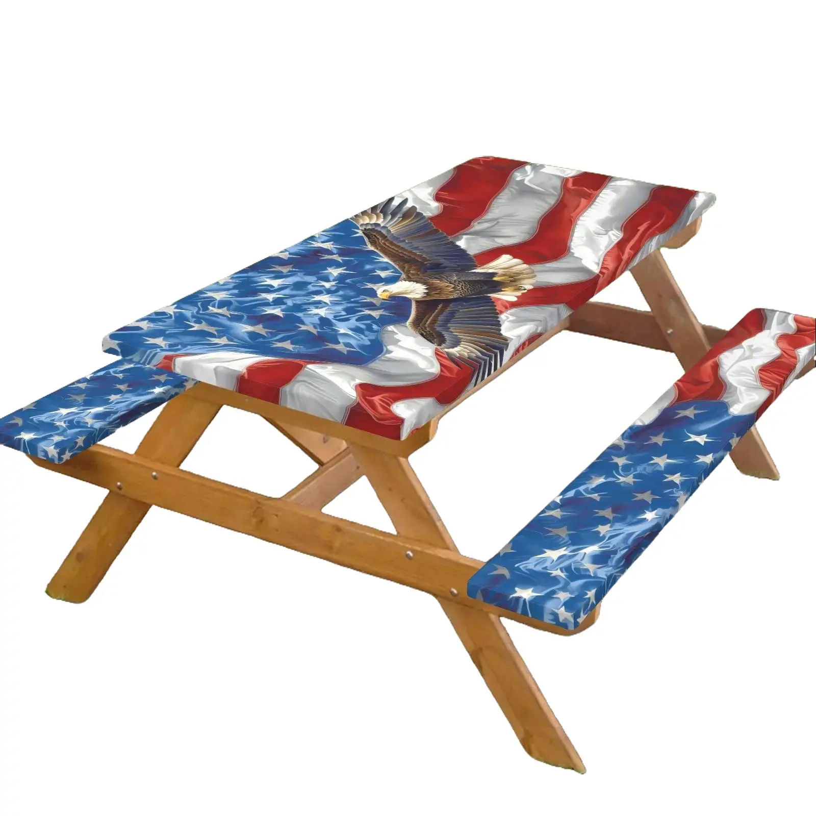 3Pcs Patriotic Picnic Table & Bench Cover Set, American Flag Bald Eagle Design - Waterproof, Stain-Resistant, Fits 72x30in Tables, for 4th of July, Camping, Outdoor Party Decor