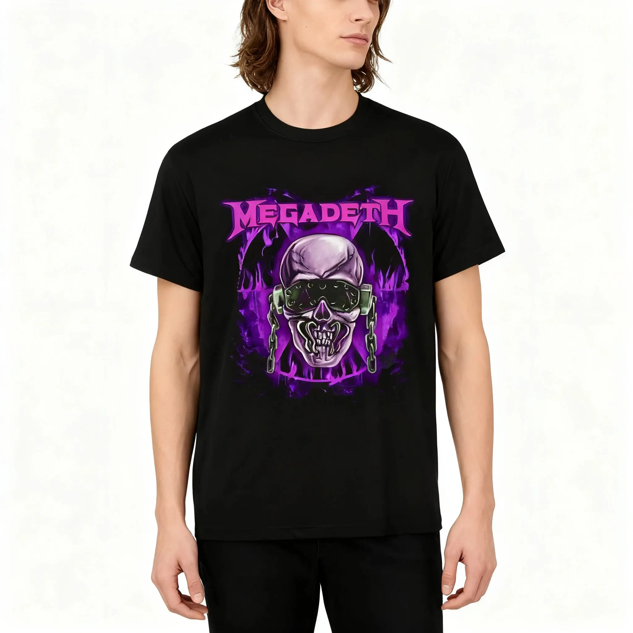Men's Casual Graphic Short-Sleeve Cotton Tops - Unisex Vintage Metal Style Tshirt with Bold Purple Skull Print, Breathable Fabric, Shortsleeve, Menswear, Round Neck, Streetwear
