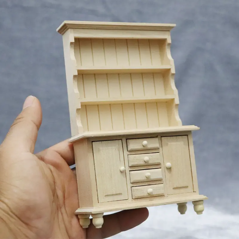 [Miniature Wooden Display] 1:12 Scale Miniature Wooden Display Cabinet - Double Doors, Three Shelves & Drawers - Unfinished Natural Wood Finish for DIY Dollhouse Furniture or Mini Home Decor