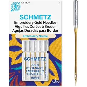 Gold Embroidery Sewing Machine Needles - Titanium Coated for Smooth Stitching, Size 90/14, 5-Needle Cards, Pack of 1