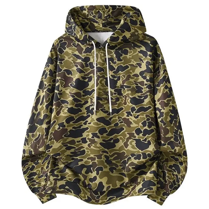 Men’s American street camouflage hooded sweatshirt, new for spring/autumn, loose drop-shoulder design, trendy couple matching pullover for urban wear