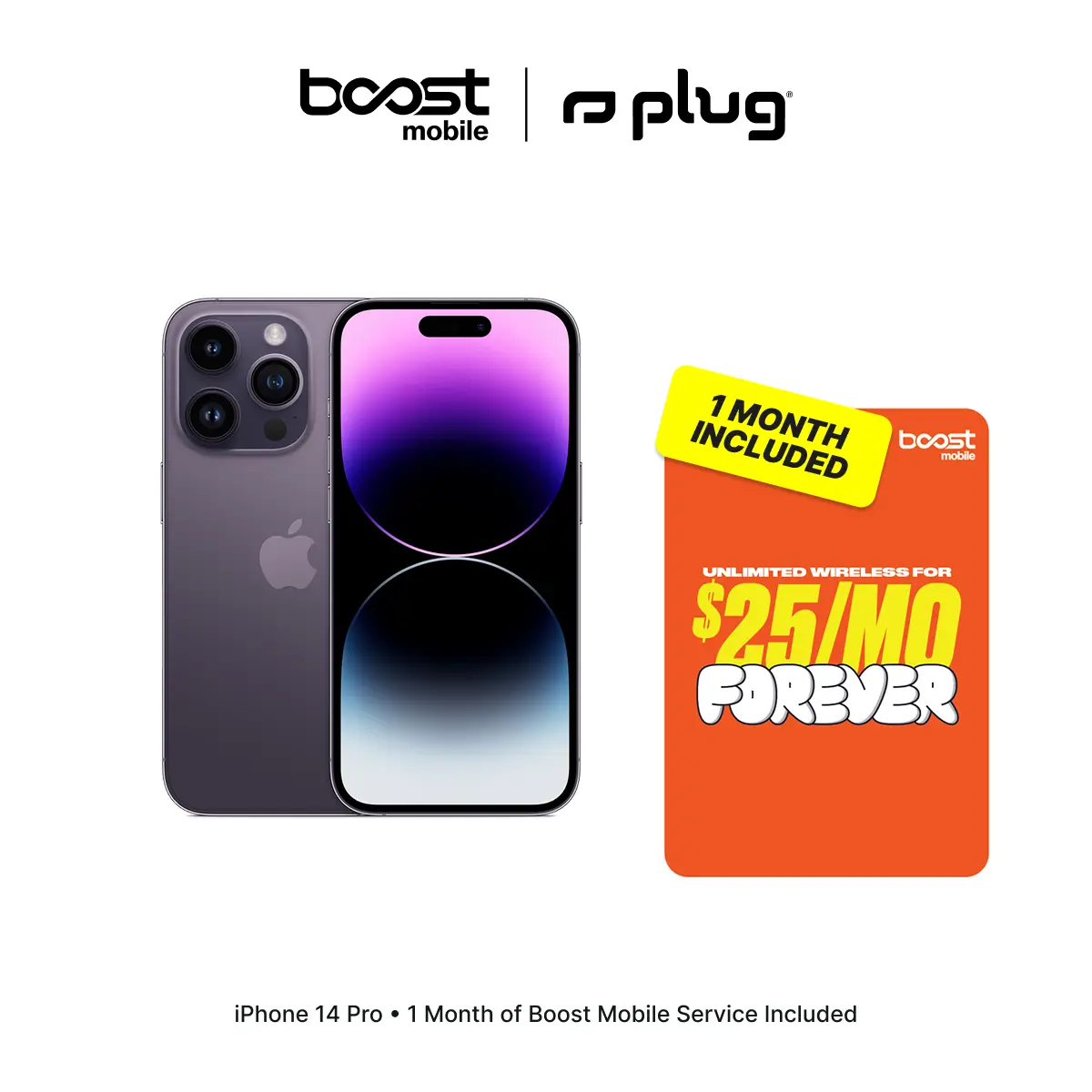Refurbished Apple iPhone 14 Pro (Unlocked) + 1 Month of Unlimited Boost Mobile Service Included - Good Condition with 1-Year Warranty by Plug