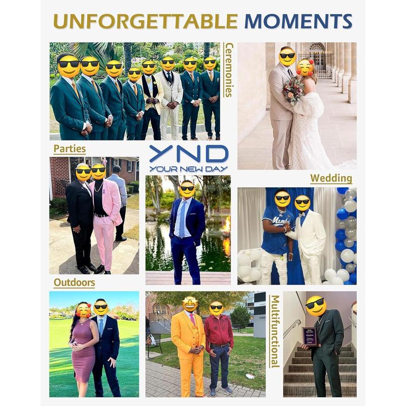 YND Men's 3 Piece Suit Set with Tie, 2 Button Slim Fit Solid Blazer Jacket Vest Pants, Business Wedding Party Suits for Men