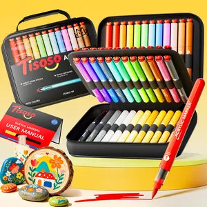 Tisoso 24/36/48,Colors Acrylic Paint Markers with Canvas Bag, Brush Tips with Auto-Control Ink, Colored Pen Barrel, High Opacity Waterproof Paint Pens for DIY Art & Craft - Rock, Wood, Glass, Fabric