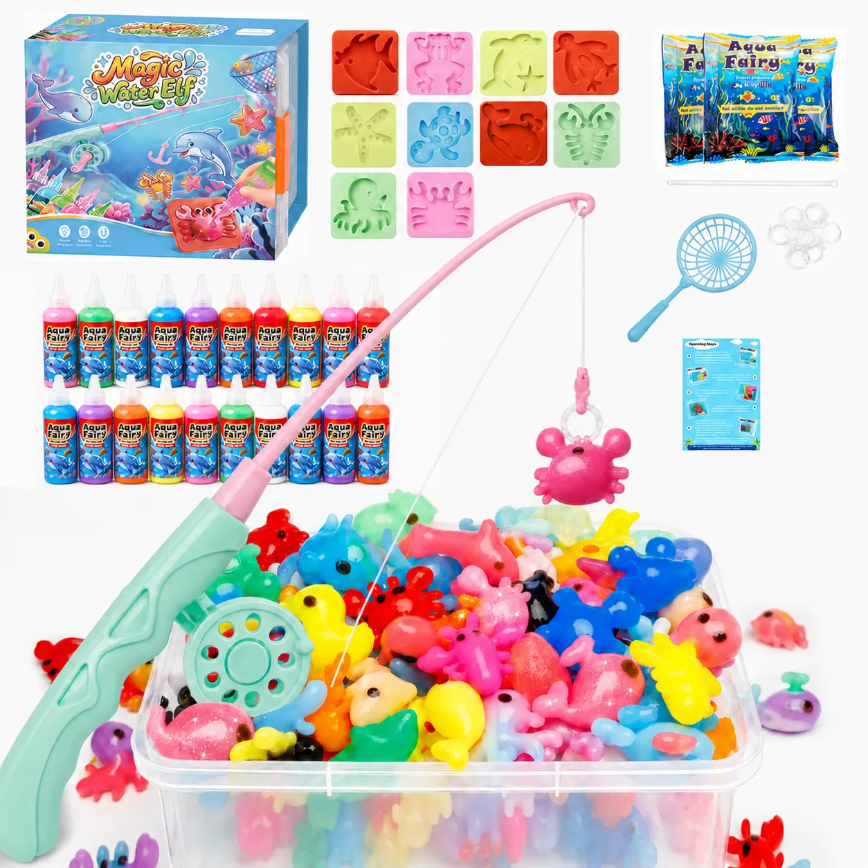 CandyYoYo 2026 Upgraded Magic Water Elf Kit with Fishing Game, Aqua Fairy Gel Mold DIY Handmade Water Pet Maker, Squishy Maker, Summer DIY Mochi Maker,STEM Sensory Craft Toy, Birthday & Holiday Gifts for Kids