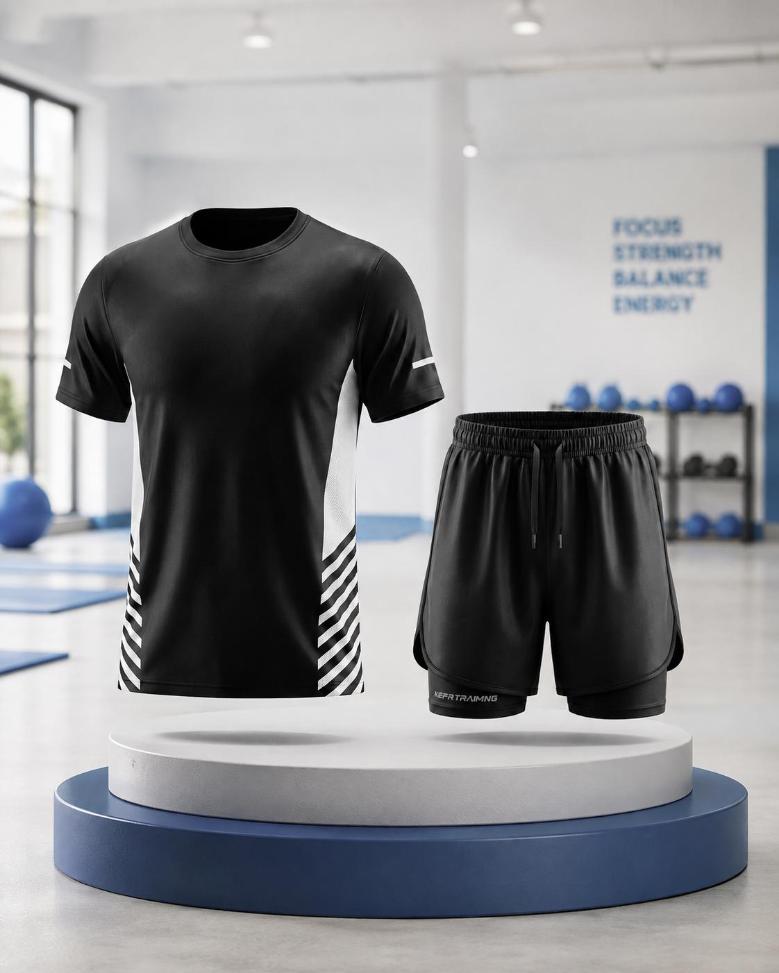 Men's 2-Piece Polyester Plain Workout Set - Quick Dry Gym T-Shirt, 2-in-1 Athletic Shorts with Liner & Phone Pocket for Running, Training