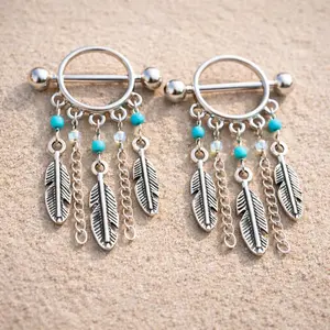 Surgical Steel Turquoise Beads Feather Dangle Nipple Shield