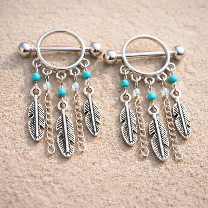 Surgical Steel Turquoise Beads Feather Dangle Nipple Shield