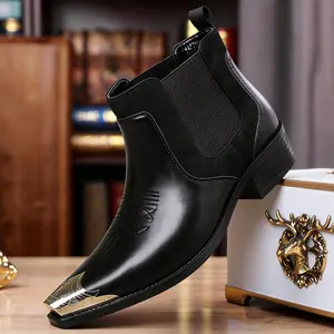 Men's Western Chelsea Cowboy Boots - Silver Toe Cap Ankle Boots | Slip-On Casual Dress Shoes | Pointed Toe Fashion Footwear for Daily Wear