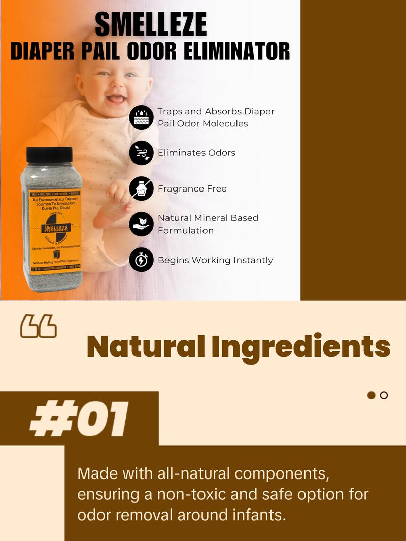 SMELLEZE Diaper Pail Deodorizer, Odor Eliminator for Diaper Pail, Baby Poop Deodorizer & Human Urine Odor Eliminator, Deodorizes Infant & Adult Diaper Pails - 2 lb. Granules