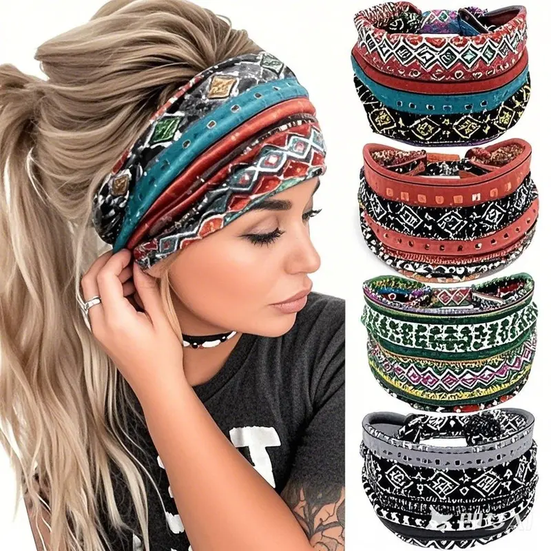 4pcs Set Of Bohemian Style Wide Headband for Women - Sweat Absorbing Lightweight Yoga Exercise Headband with Vintage Print Design