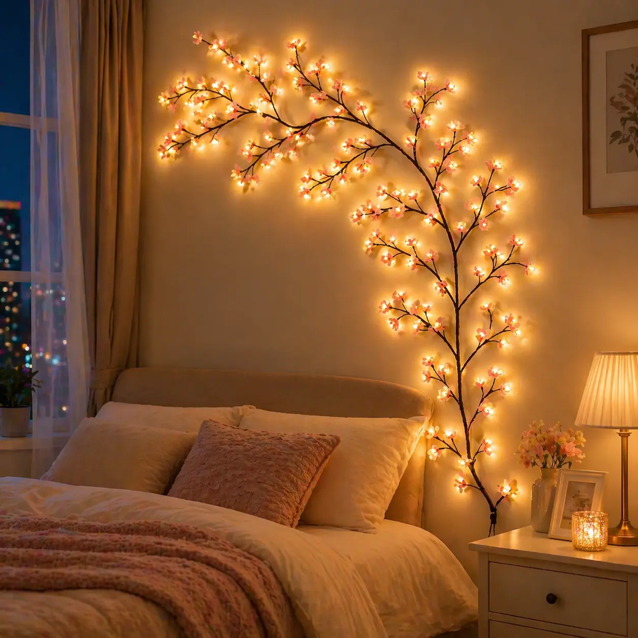 Cherry Blossom LED Branch Lights 96 LEDs Flexible Hanging String Lights 8 Flashing Modes USB Powered Ideal for Indoor Ambiance Decor Bedrooms, Living Rooms, Walls, Parties, Holidays, Wedding Decorations