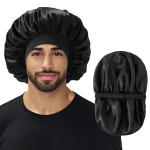 Bonnet for Men, Double Layer Hair Bonnet for Sleeping, Adjustable Sleep Bonnet with Elastic Band, Silk Satin Bonnets for Curly Hair Braids(1Pcs,Black)