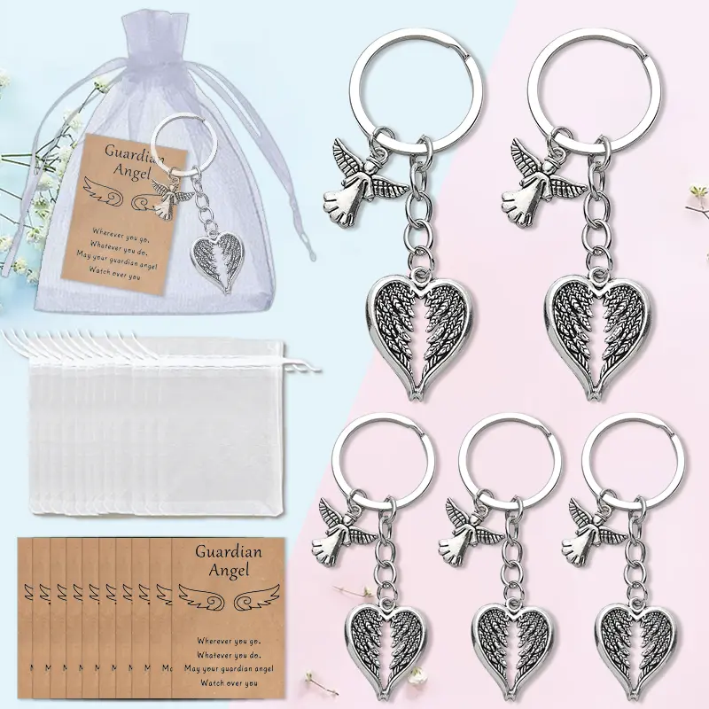 12-Pack Stainless Steel Heart-Shaped Guardian Angel Wing Keychain Gift Set - With Organza Bags & Cards, Religious Memorial Sympathy Gift for Bereavement Comfort