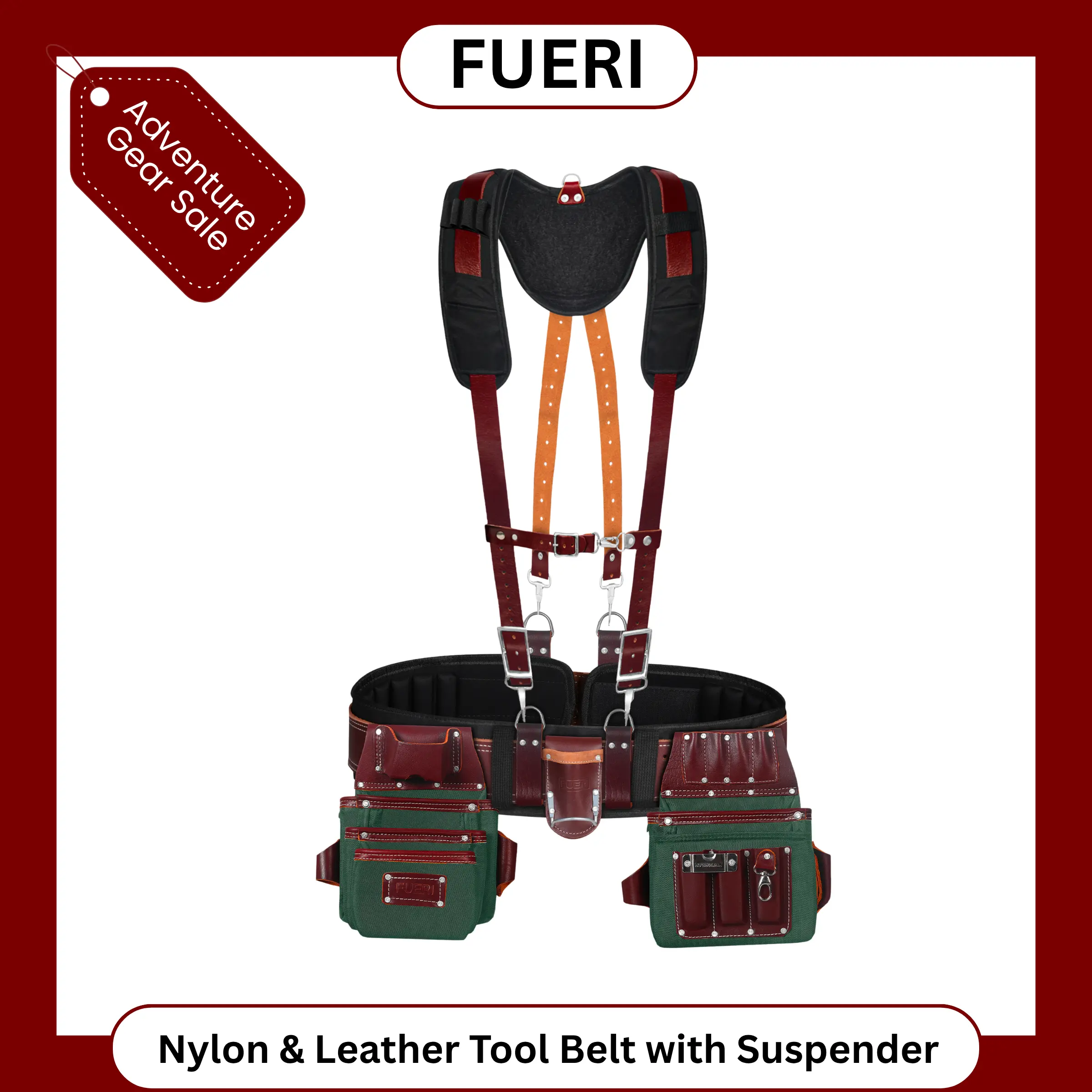FUERI Tool Belt for Men with Suspender, Heavy Duty Nylon and Leather 26 Pockets Maroon and Green comes with Comfort Padded Belt,Spacious Pouches,Hammer Holder, Suspender Loops and Suspender for Carpenter Construction Electrician