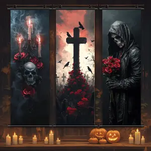 1-3 Counts Halloween Hanging Banner, Skull, Cross & Grim Reaper Poster, Halloween Decorative Posters, Party Decorations, Horror Themes, Living Room, Bedroom, Home Posters, Ideal Gifts, High Definition, Waterproof Art