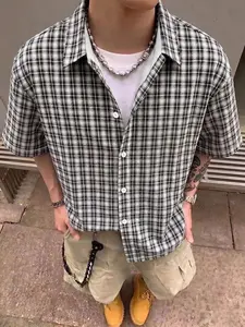 Men's Fashion Summer Vintage Gingham Short Sleeve Shirt, Loose Fit Cuban Collar, Casual Style, Ideal for Daily Wear and Outdoor Activities