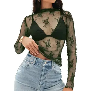 Women Y2K Sheer Mesh Lace Top Mock Neck Long Sleeve Slim Fit Blouse, Sexy See Through Elegant Streetwear Fashion Shirt, Trendy Retro Going Out Top for Daily Wear, Club Party & Night Out Outfit