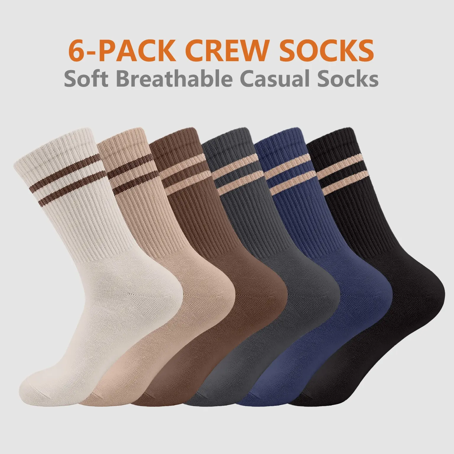 Unisex 6 Pairs Mixed Striped Crew Socks - Soft, Breathable, Comfortable, Vintage 2-Stripe Ribbed Mid-Calf Socks, Neutral Earth Tone Style, Non-Slip for Daily School Fall Wear Set