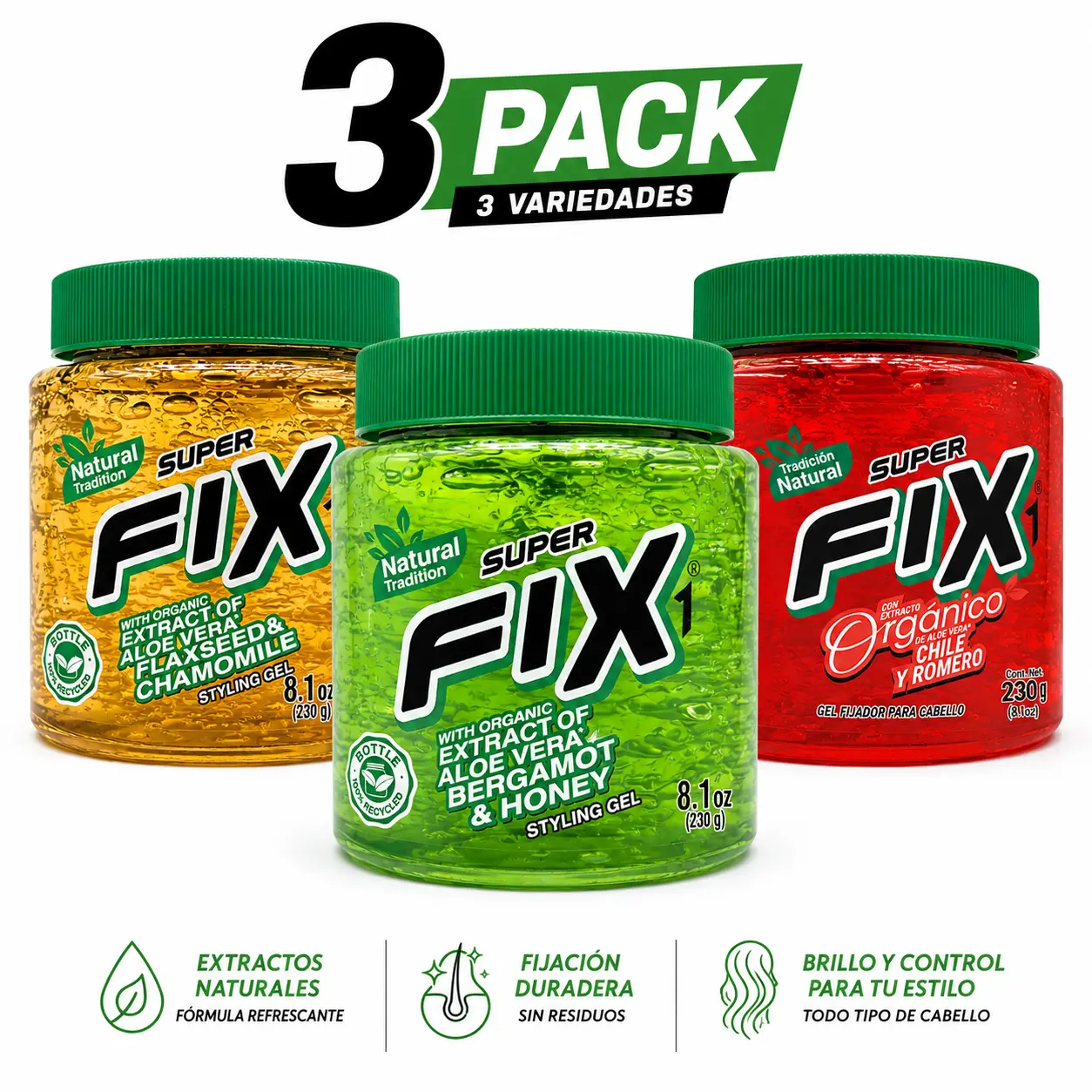 Super Fix Styling Gel 8.1 oz – 3 Pack Assorted Hair Gel, Aloe Vera, Natural Extracts, Strong Hold