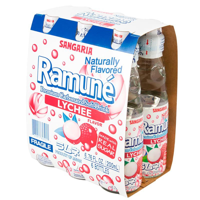 Sangaria Ramune Premium Carbonated Soft Drink, Strawberry or Lychee Flavor – 6 Pack (6.76 oz each), Popular Japanese Beverage