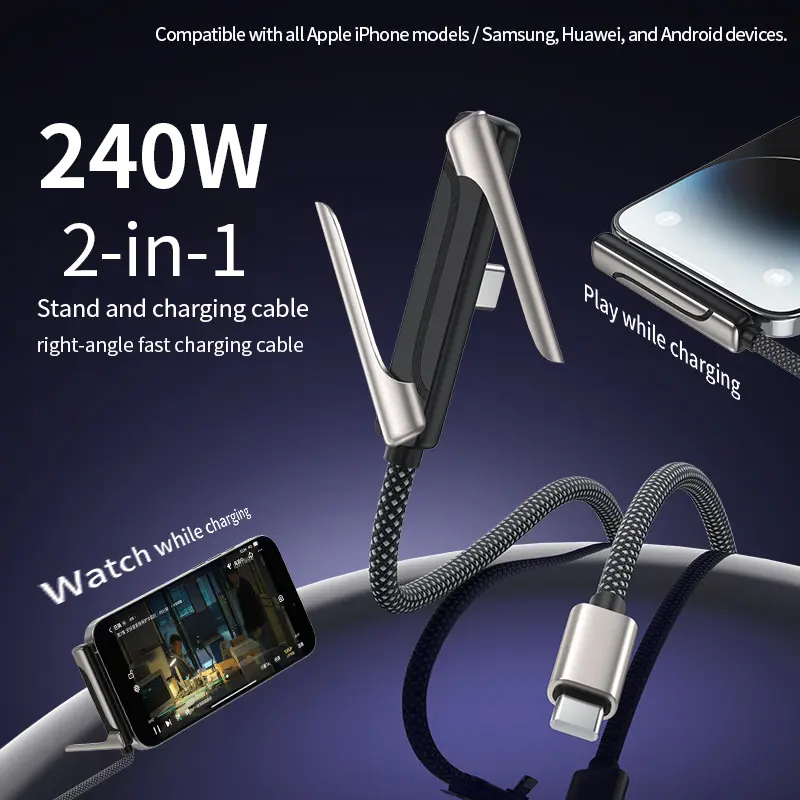240W Super Fast Charging Invisible Standing 2-in-1 USB-C Charging Cable with Phone Stand, Mobile/Smartphone Charger Compatible with iPhone/Samsung, Ideal for Gaming & Car Travel - Black Phone Holders & Mounts