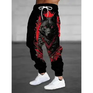 Men's Wolf Print Joggers - Stretch Polyester Knit, Casual Sports Pants with Elastic Waistband and Cuffed Ankles, Black - Ideal for Casual Attire or as a Gift, Casual Wear Pants|Vintage Style|Drawstring Waistband