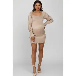 Beige Metallic Smocked Ruffle Accent Maternity Fitted Dress