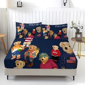 Teddy bear printed pattern bed sheet, comfortable printed pattern, including 1 bed sheet and 2 pillowcases, comfortable bedding, anti slip dust cover suitable for bedrooms and guest rooms, suitable for adult gifts, Bed Sheets Set