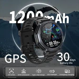 1200mAh Ultra-Long Battery Life Outdoor Sports Smartwatch with GPS,Super-Bright Flashlight,Reverse Charging for Emergency Phone Power Essential,1ATM Water Resistance, heart rate monitoring, 100+ sports modes, BT Calling/Answering Gear for Camping & Hiking