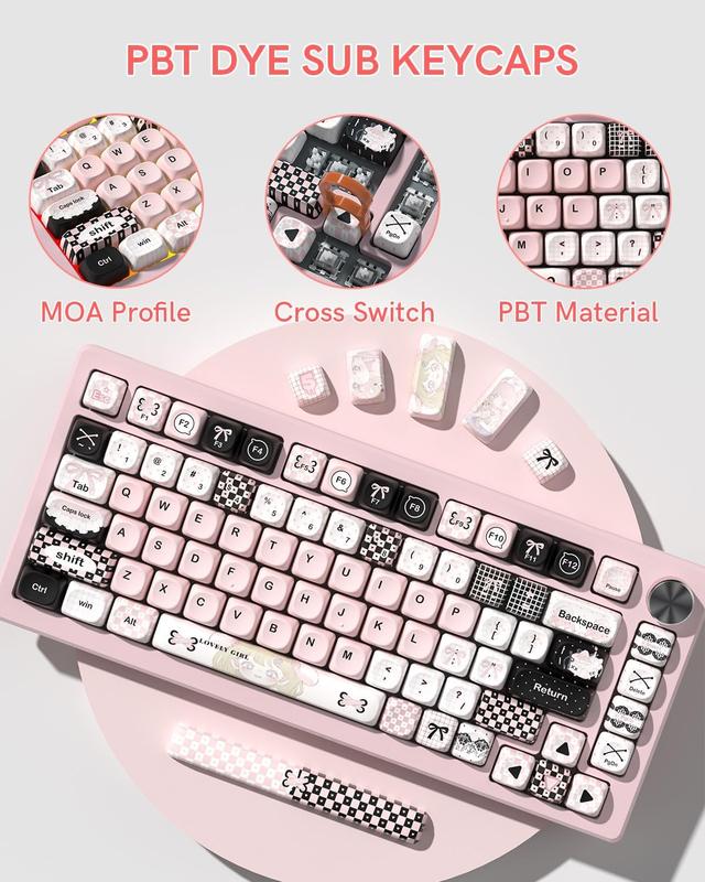 Womier MOA Profile PBT Keycaps,132 Keys Cute Style Keycap Set with Cute Icons, Dye-Sublimation, Black Pink Theme for Most 60% 65% 75% 80% 100% US Layout Cherry MX Switches Mechanical Keyboard