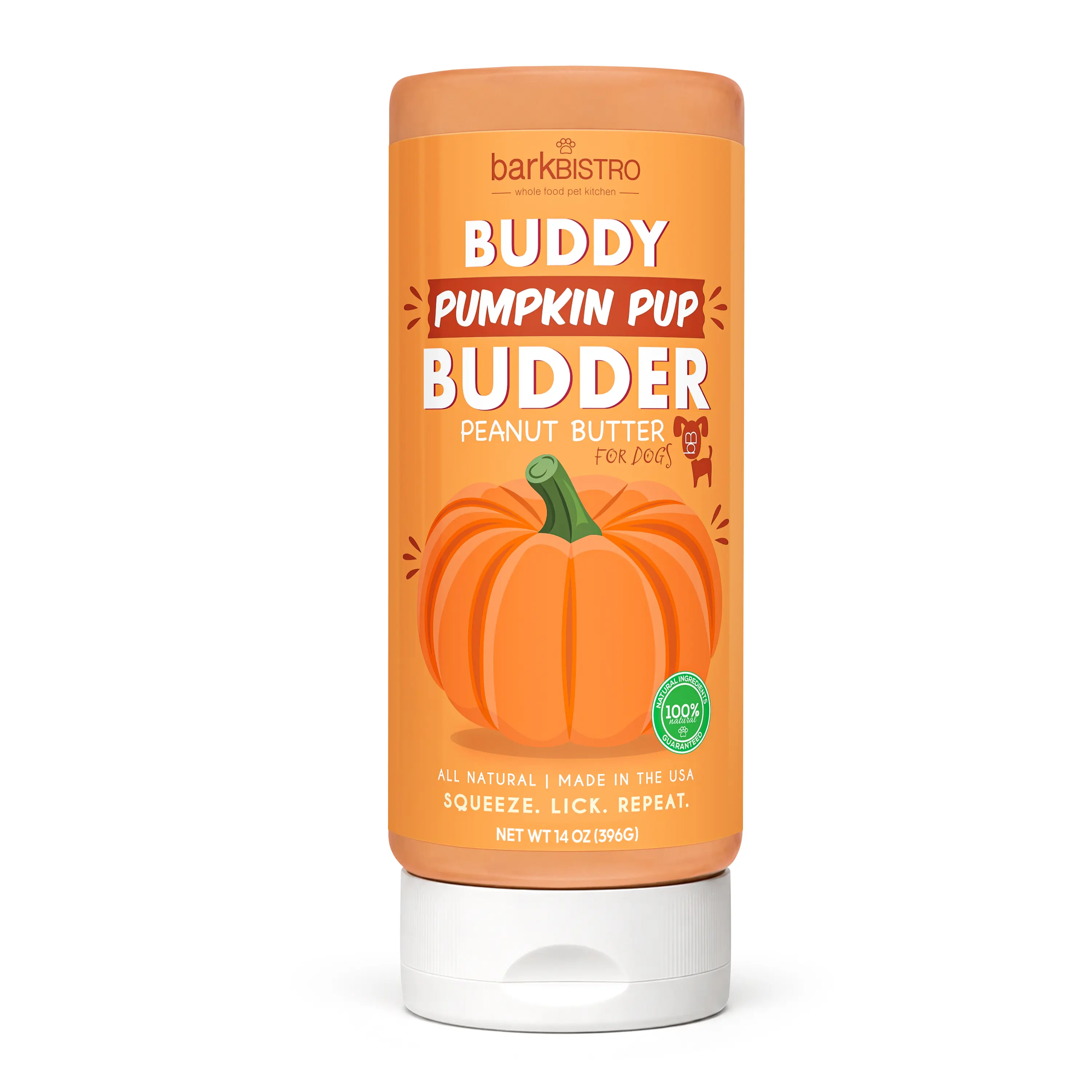 BarkBistro Pumpkin Pup Budder 14oz All Natural Dog Peanut Butter Squeeze Bottle for Dogs