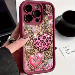 Creative Wine Leopard Heart Floral Pattern Full Coverage Tpu Phone Case for iPhone 17 Pro Max 16 Pro Max 15 Pro Max 14 Pro Max