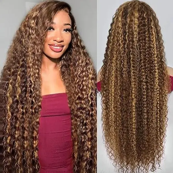 Beluck Hair 6x13 Glueless Deep Wave Wigs 300% Density Human Hair With Drawstring Curly Wave Wigs Closure Wigs 4/27 Pre Plucked Pre Cut Pre Bleached Wear and Go Wigs Outdoorfun Party Vacation Wigs