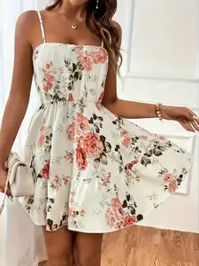 Spring Summer New Backless Lightweight Boho Bohemian Dress, Floral Print Halter Neck, Casual Fitted Loose-Fitting Women's Clothing, Perfect for Daily Wear, Womenswear