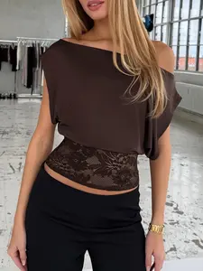 Elegant Lace Patchwork Asymmetrical Top Women Sexy Casual Off the Shoulder Batwing Summer Crop Top Shirts Womenswear