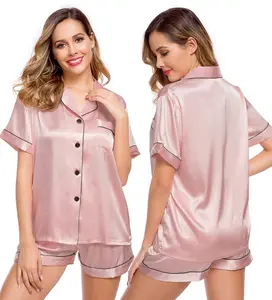 Womens Silk Satin Pajamas Short Sleeve Loungewear Two-Piece Sleepwear  Pj Set D1