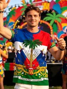Haitian Pride Men's Casual Shirt, National Emblem L'union Fait La Force Patriotic Top, Haitian Culture Short Sleeve Tee for Independence Day