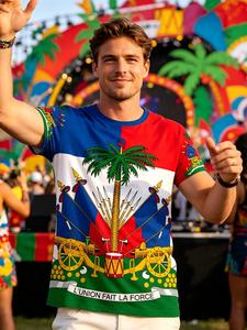 Haitian Pride Men's Casual Cultural Shirt, National Emblem L'union Fait La Force Patriotic Top, Haitian Culture Short Sleeve Tee for Independence Day