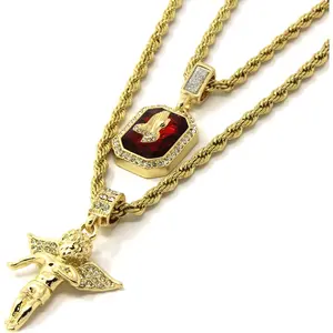 Mens Gold Angel & p Ruby bundle set CZ pendant hip hop 24 "& 30" rope chain d463