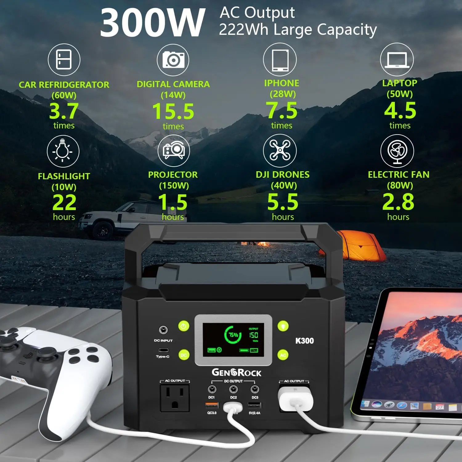 GENSROCK Portable Power Bank ,110V/300W Pure Sine Wave Solar Generator,  222Wh Backup Lithium Battery with